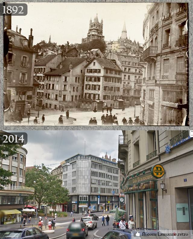 Sur la photo historique de 1892 on voit la cathédrale Notre-Dame de Lausanne alors qu'en 2014 nous ne la voyons plus à cause d'un immeuble.