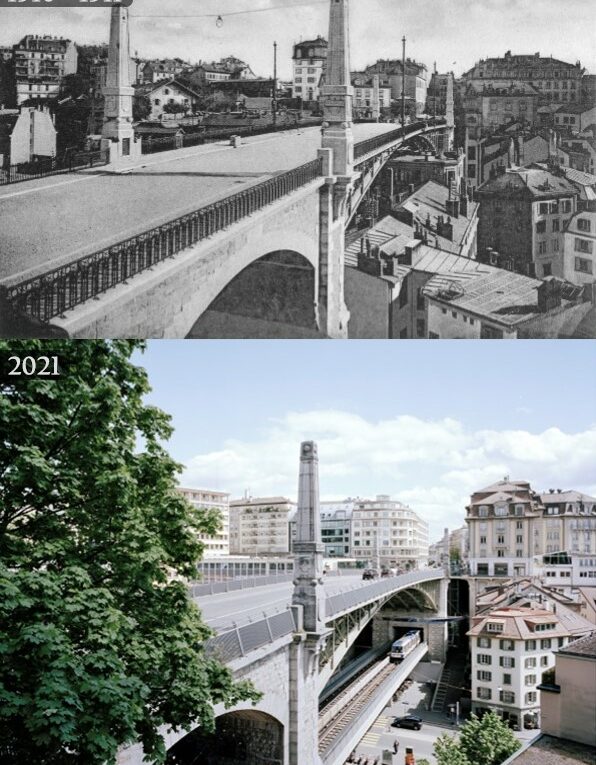 Le Pont Bessière entre 1910 et 2021. Un arbre a grandi. La vue est du gymnase.