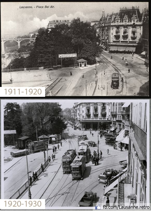 Bel-air à Lausanne. Une photo historique où nous voyons des trams et des passants. La tour est inexistante en 1930.