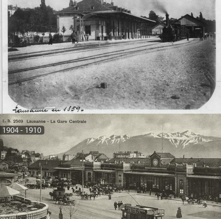 Gare de Lausanne en 1859 et 1910. Le bâtiment est agrandit. Nous voyons les montagnes.