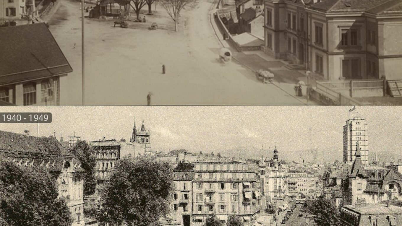 Chauderon de 1885 à 1940. Une station de tram est construite. Un poids public est sur la place.