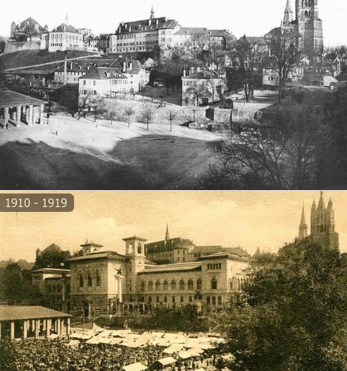 La Riponne et la construction du Palais de Rumine. Sur la photo d'archive de 1880 l'université n'existait pas encore. Au début des année 90, on voit le palais de Rumine.