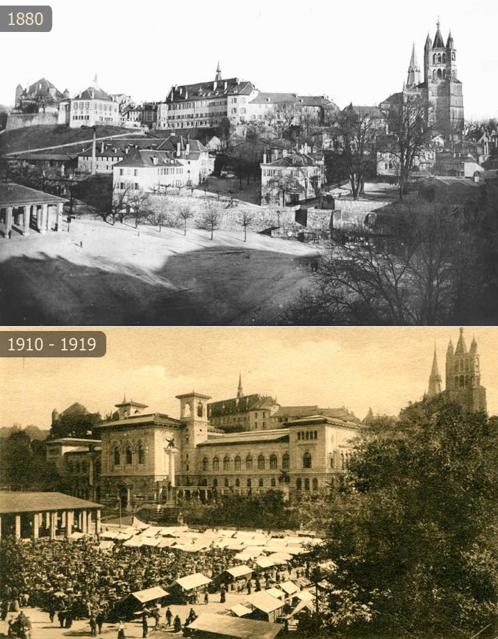 La Riponne et la construction du Palais de Rumine. Sur la photo d'archive de 1880 l'université n'existait pas encore. Au début des année 90, on voit le palais de Rumine.
