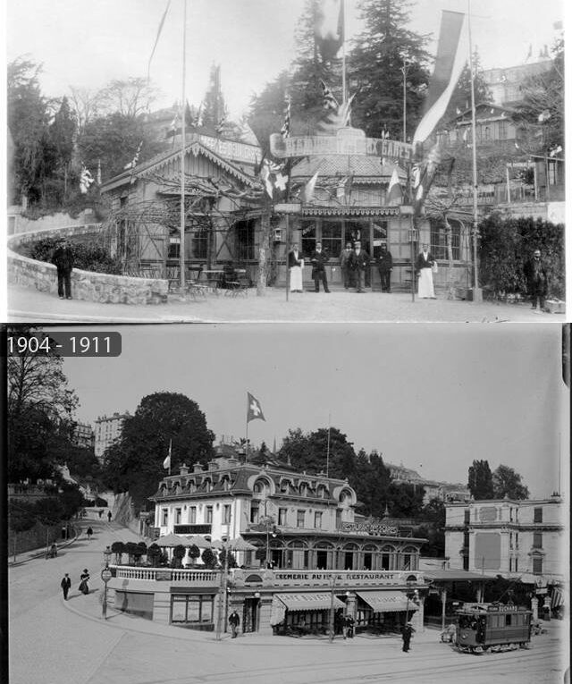 Le Petit-Chêne vers la gare. Avant qu'un McDonald ne soit construit c'était le café des Deux-Gares. Sur la photo d'archives de 1904 on voit que le bâtiment est devenu en béton.